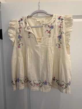 Embroidered Cream Ruffle Sleeve Top